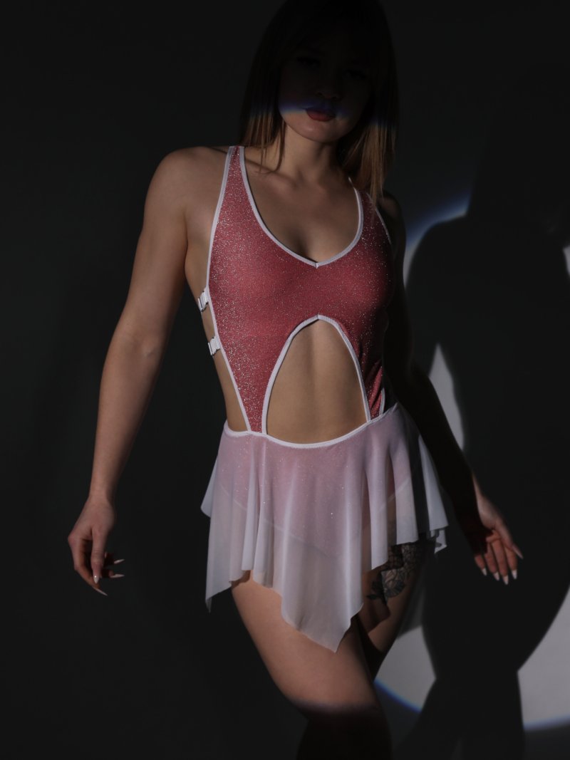 open back pole dance bodysuit pink with mesh skirt