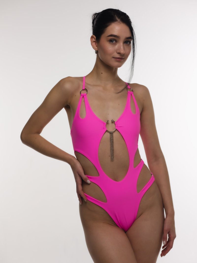 cut out pole dance bodysuit pink with rings