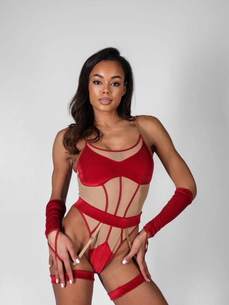 velvet bodysuit with garters and gloves pole wear outfit