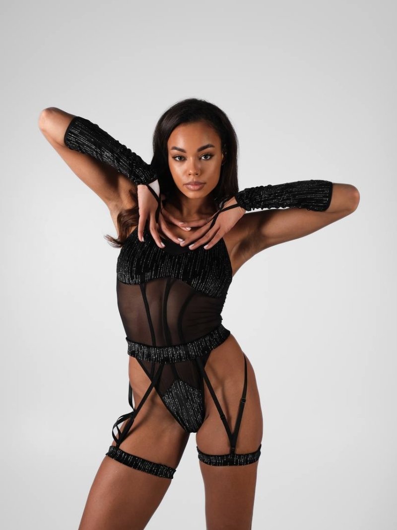 pole dance bodysuit black sparkle with garters and gloves