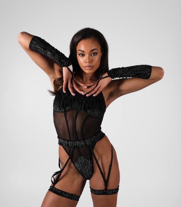 pole dance bodysuit black sparkle with garters and gloves